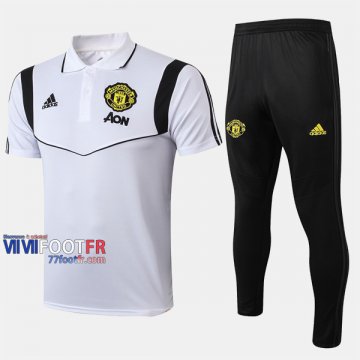 Ensemble Polo Foot Manchester United Costume Manche Courte Retro Blanc/Noir 2019/2020 Nouveau