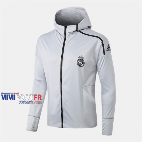 Magasins Veste Foot Real Madrid Avec Capuche Gris Clair 2019/2020 Nouveau Promo