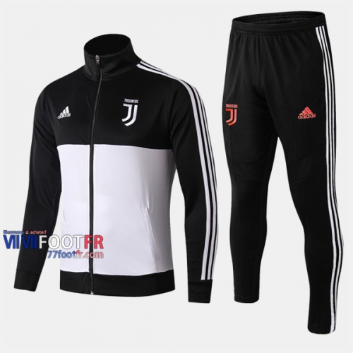 Promotion Ensemble Veste Survetement Foot Juventus Col Haut Blanc/Noir Thailande 2019/2020 Nouveau