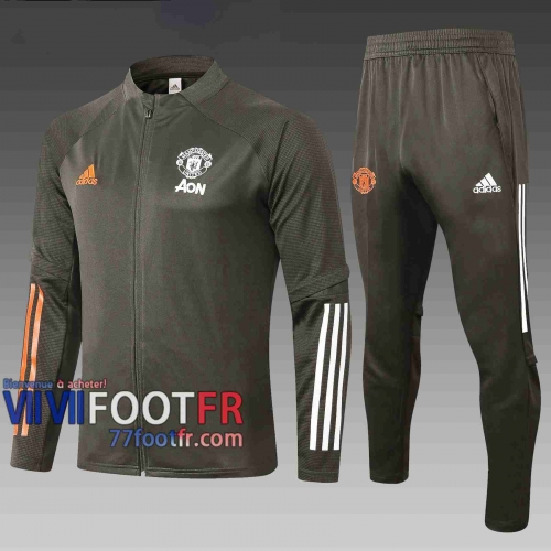 77footfr Manchester United Survetement Foot Enfant - Veste Armée verte 20-21 E495