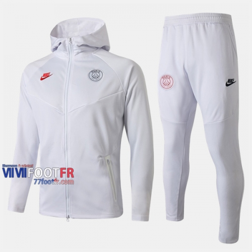 Meilleur Ensemble Veste A Capuche Survetement Foot PSG Paris Saint Germain Blanc Coton 2019/2020 Nouveau