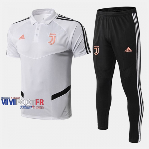 Ensemble Polo Foot Juventus Turin Costume Manche Courte Coton Blanc/Noir 2019/2020 Nouveau