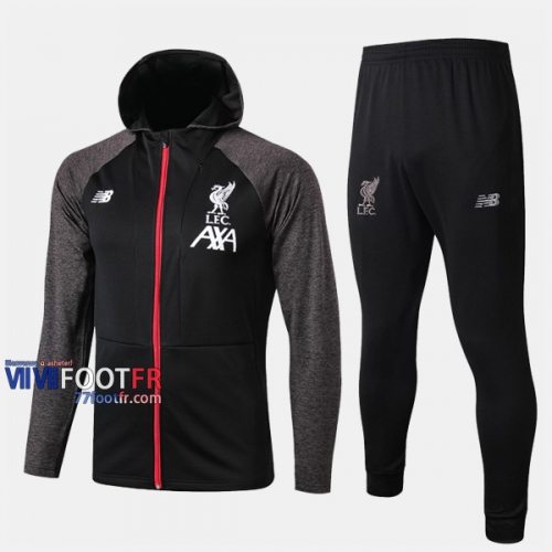 Top Qualité Ensemble Veste A Capuche Survetement Foot FC Liverpool Noir/Gris Slim 2019-2020 Nouveau