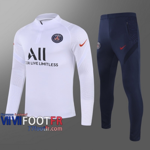 77footfr Survetement Foot PSG blanc - Fermeture eclair courte 2020 2021 T48