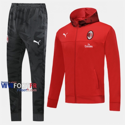 Destockage Ensemble Veste A Capuche Survetement Foot AC Milan Rouge Thailande 2019 2020 Nouveau