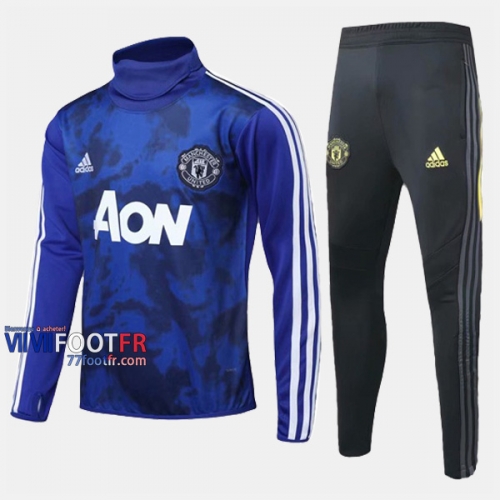 Retro Ensemble Survetement Foot Manchester United Col Haut Bleu Coton 2019/2020 Nouveau