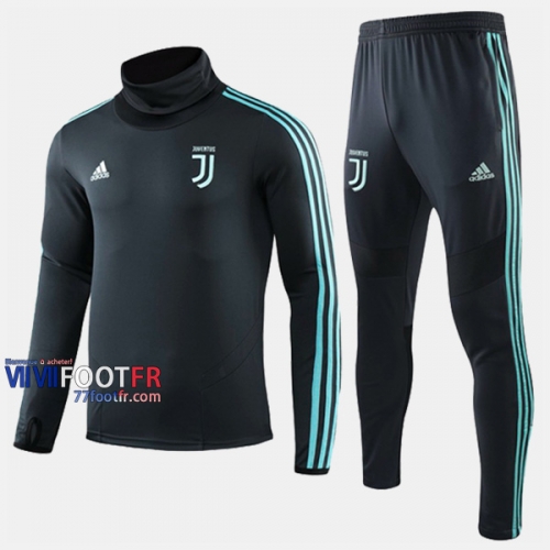 Promotion Ensemble Survetement Foot Juventus Col Haut Cyan Polyester 2019/2020 Nouveau