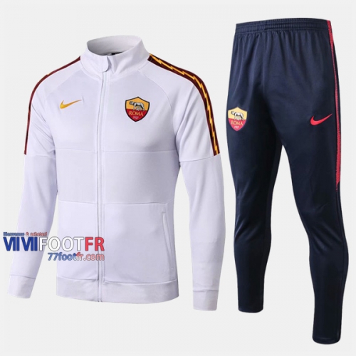 Classique Ensemble Veste Survetement Foot AS Rome Blanc Polyester 2019/2020 Nouveau