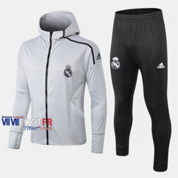 Meilleur Ensemble Sweat A Capuche Survetement Foot Real Madrid Gris Clair Coton 2019/2020 Nouveau