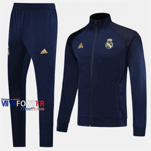 Promo Ensemble Veste Survetement Foot Real Madrid Bleu Fonce 2019/2020 Nouveau