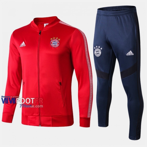 Soldes Ensemble Veste Survetement Foot Bayern Munich Rouge/Blanc 2019/2020 Nouveau