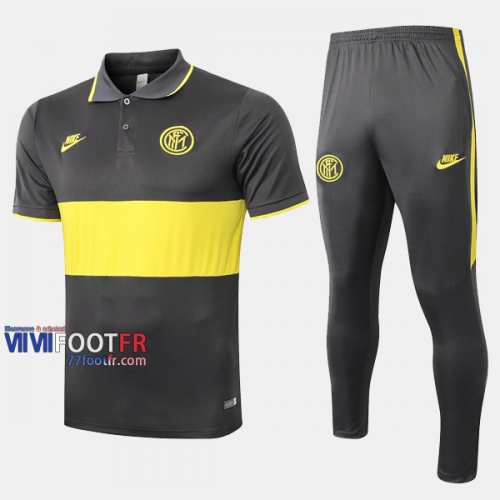 Ensemble Polo Foot Inter Milan Costume Manche Courte Coton Gris Jaune 2020/2021 Nouveau